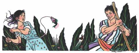 Fish Girl and the Boatman. Media: scratchboard, watercolor, pastel