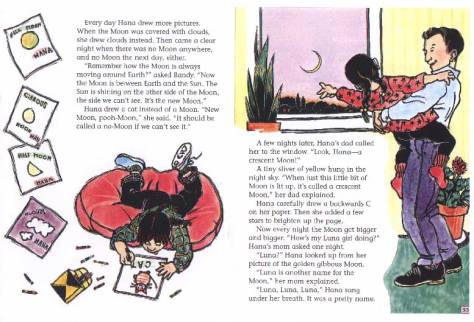 Hana and the Moon, from "Waiting for Luna," by Charnan Simon. Media: scratchboard, watercolor and pastel. 